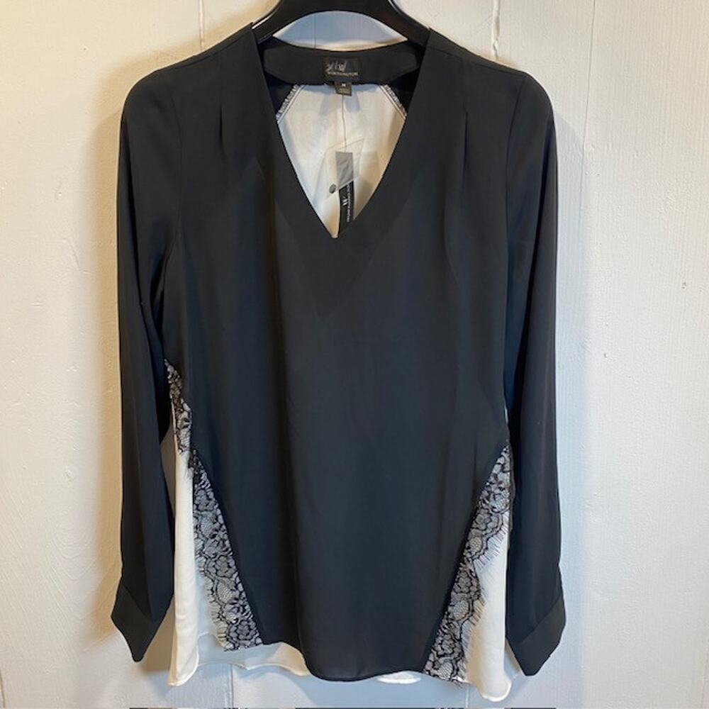 Worthington Black Ivory Lace Long Sleeve Vneck Top Blouse Women Medium New w Tag